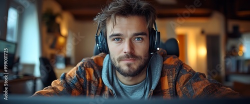 Young man with headphones looking at the camera while sitting in front of the computer.