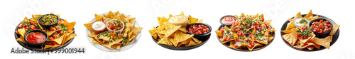 Pack of serving of nachos accompanied by two types of dipping sauces set