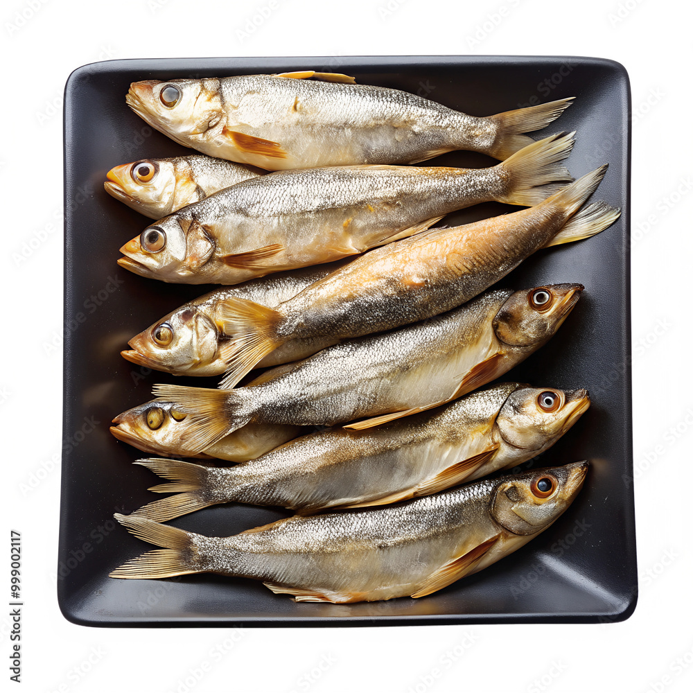 Dried fishes on black plate isolated on transparent background PNG file Dried fishes on black plate isolated on transparent background PNG file