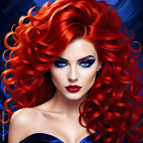 Experience the enchanting beauty of a young woman with fiery red hair in this striking digital artwork