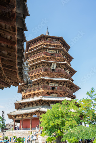 The Wooden Pagoda of Fogong Temple in Yingxian, Shanxi, China, was built nearly a thousand years ago. Towering into the clouds, it is majestic and spectacular. photo