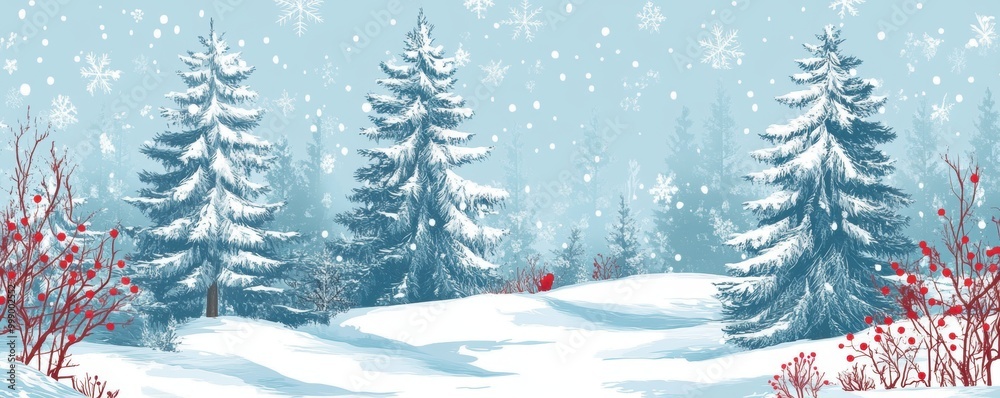 Obraz premium Winter landscape with snow-covered trees and red berries