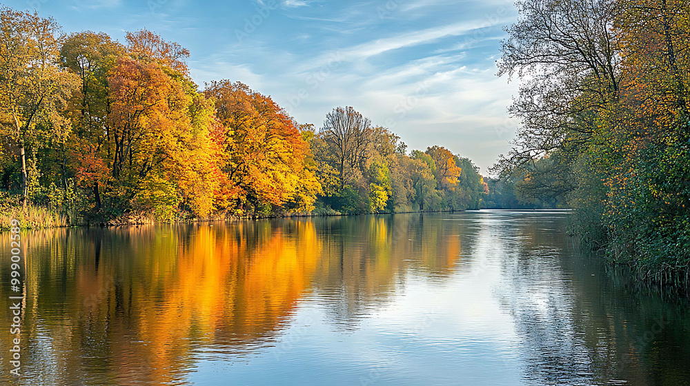 Fototapeta premium Calm river surrounded by autumn trees.