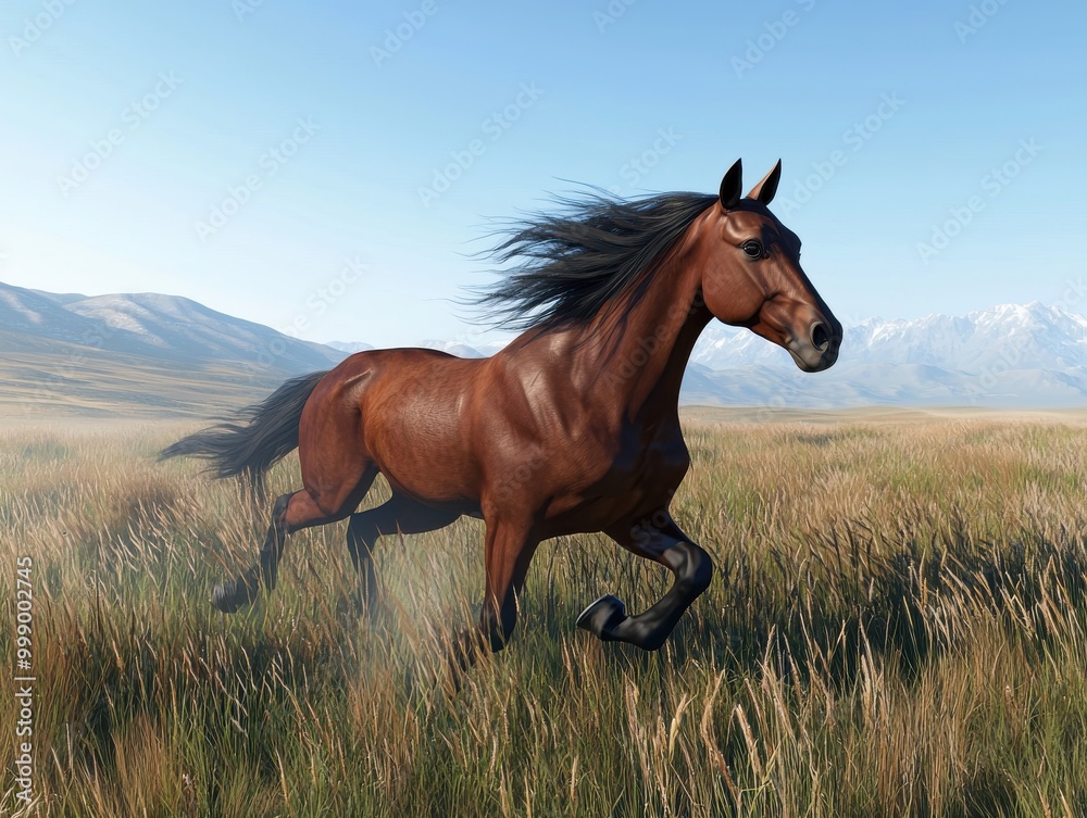 Chestnut horse galloping through a sunlit meadow during golden hour, showcasing movement and grace in a natural landscape, Ai Generation Chestnut horse galloping through a sunlit meadow during golden hour, showcasing movement and grace in a natural landscape, Ai Generation
