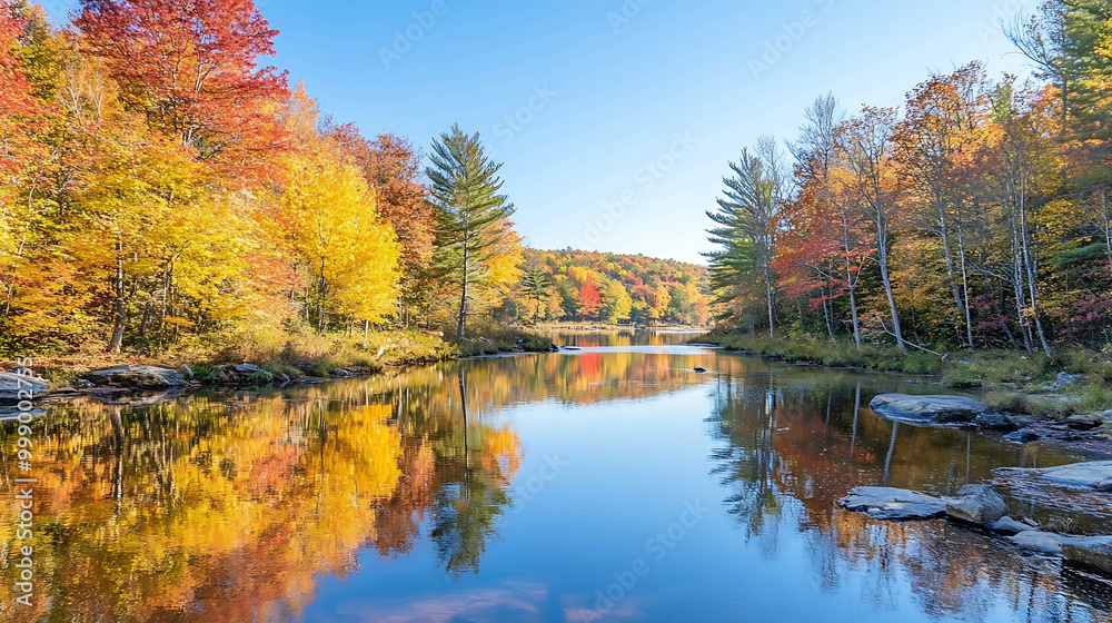 A serene autumn landscape with a calm river reflecting the vibrant colors of the fall foliage.