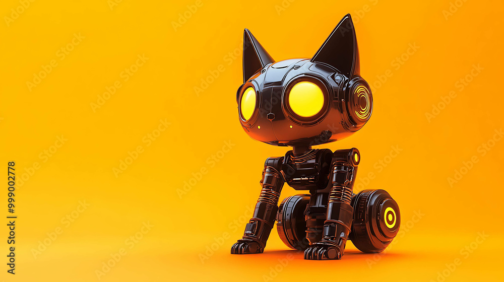 A black robot cat with glowing yellow eyes sits on an orange background. A black robot cat with glowing yellow eyes sits on an orange background.