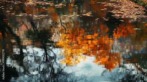 A close-up of water with fall leaves floating on the surface.