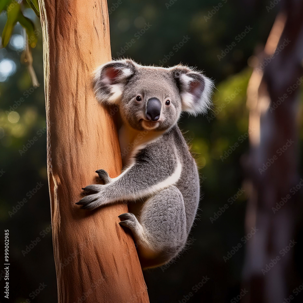 Fototapeta premium Generative artificial intelligence (AI) image of an Australian Koala climbing up a Eucalyptus tree in a forest.