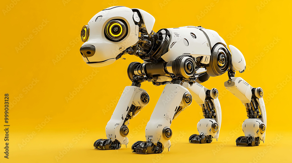 A futuristic robot dog standing on a yellow background. A futuristic robot dog standing on a yellow background.