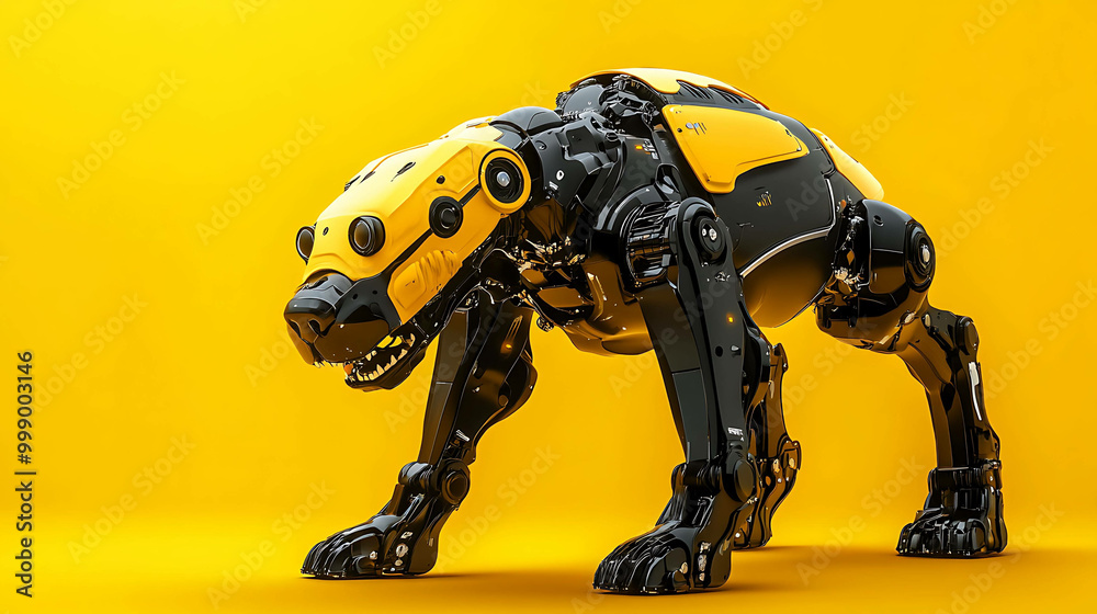 A robotic dog in yellow and black standing on a yellow background. A robotic dog in yellow and black standing on a yellow background.