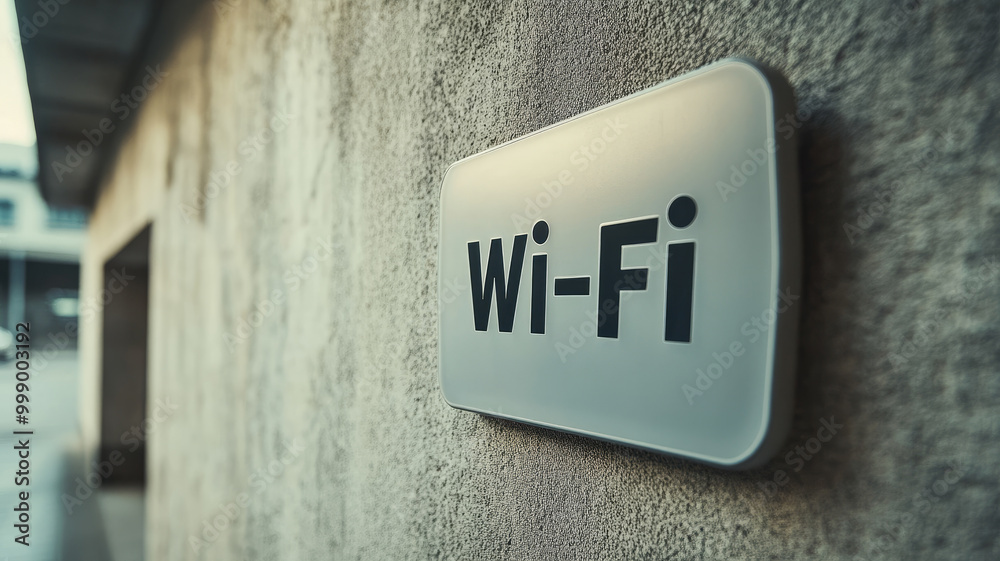 Wi-Fi sign on a wall, symbolizing wireless internet access Wi-Fi sign on a wall, symbolizing wireless internet access