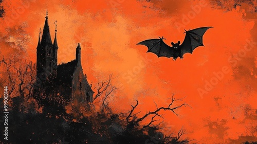 Haunted castle and large bat on bright orange background