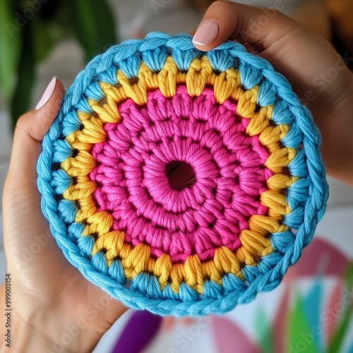 Colorful Handmade Crochet Circle – Vibrant Home Décor Close-Up | Generative AI photo