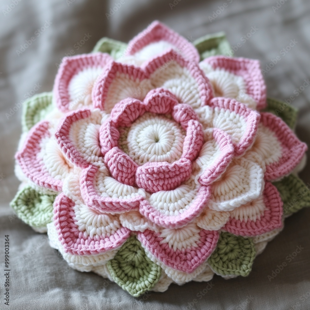 Intricately Crocheted Pink and White Flower with Leaf Accents - Generative AI Intricately Crocheted Pink and White Flower with Leaf Accents - Generative AI