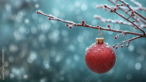 Illustration AI red Christmas bauble hanging on frosted branch. Christmas concept, celebration.