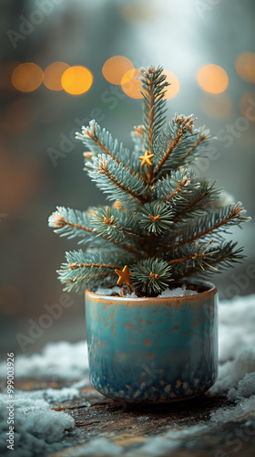 Illustration AI mini potted Christmas tree with golden star decorations. Christmas concept.