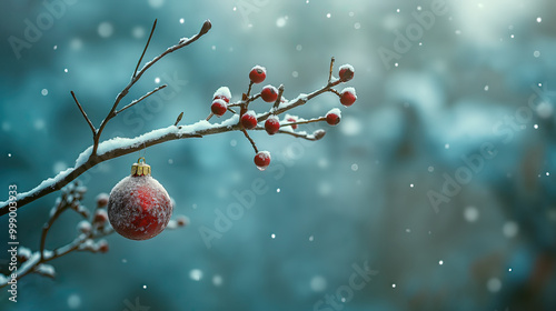Illustration AI red Christmas bauble on snow-covered branch in winter scene. Christmas, celebration.
