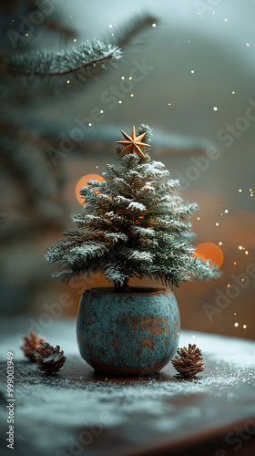Illustration AI miniature potted Christmas tree with star topper and snow dusting. Christmas concept