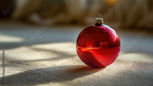 Illustration AI red Christmas bauble casting soft reflections on surface. Christmas, celebration.