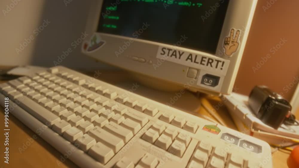 No people panning shot of teenagers workspace with notebooks and old retro computer decorated with bright stickers on desk, green code on screen, books and various stationery in 90s