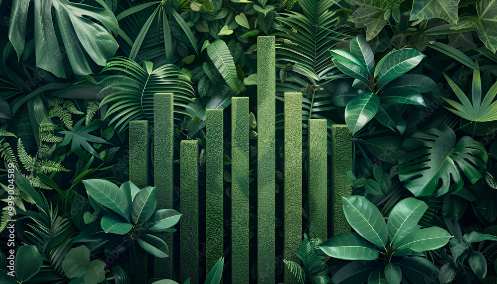 Green bar graph amidst lush foliage symbolizes eco-friendly growth and sustainable development