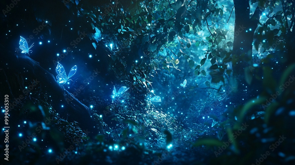 Obraz premium Glowing Blue Butterflies in a Dark Forest