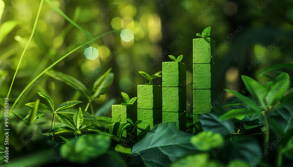 Green bar graph amidst lush foliage symbolizes eco-friendly growth and sustainable development Green bar graph amidst lush foliage symbolizes eco-friendly growth and sustainable development