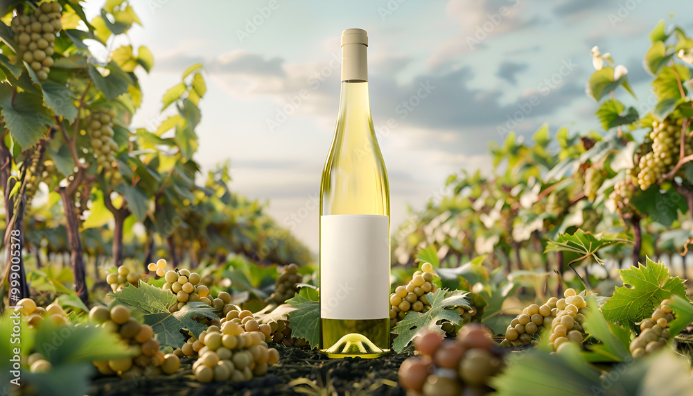 Fototapeta premium White wine bottle mock-up set in a vineyard landscape, highlighting the connection between wine and its natural origins