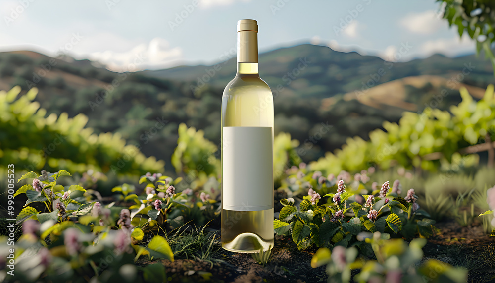 Fototapeta premium White wine bottle mock-up set in a vineyard landscape, highlighting the connection between wine and its natural origins