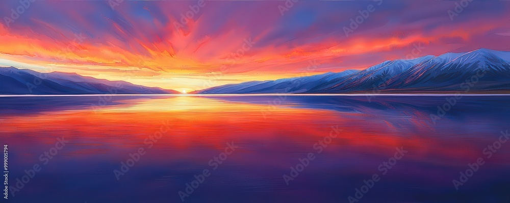 Fototapeta premium Vibrant Sunset Over Calm Waters in Watercolor Style