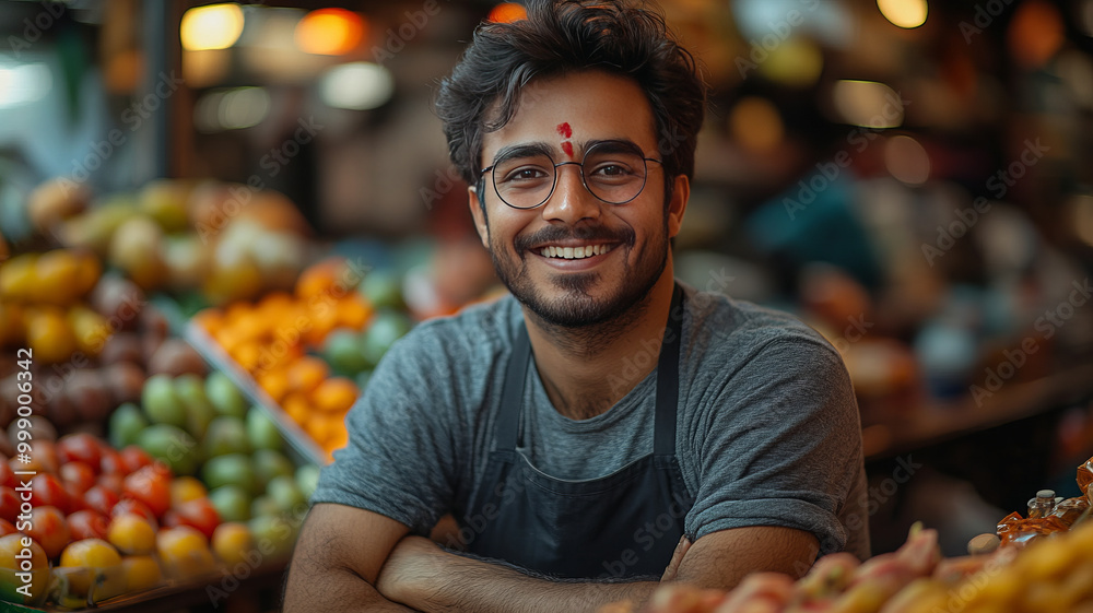 Portrait of Indian male small Kirana or grocery shop owner sitting at cash counter, looking happily at camera Portrait of Indian male small Kirana or grocery shop owner sitting at cash counter, looking happily at camera
