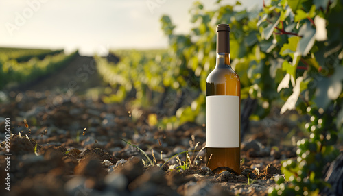 White wine bottle mock-up set in a vineyard landscape, highlighting the connection between wine and its natural origins