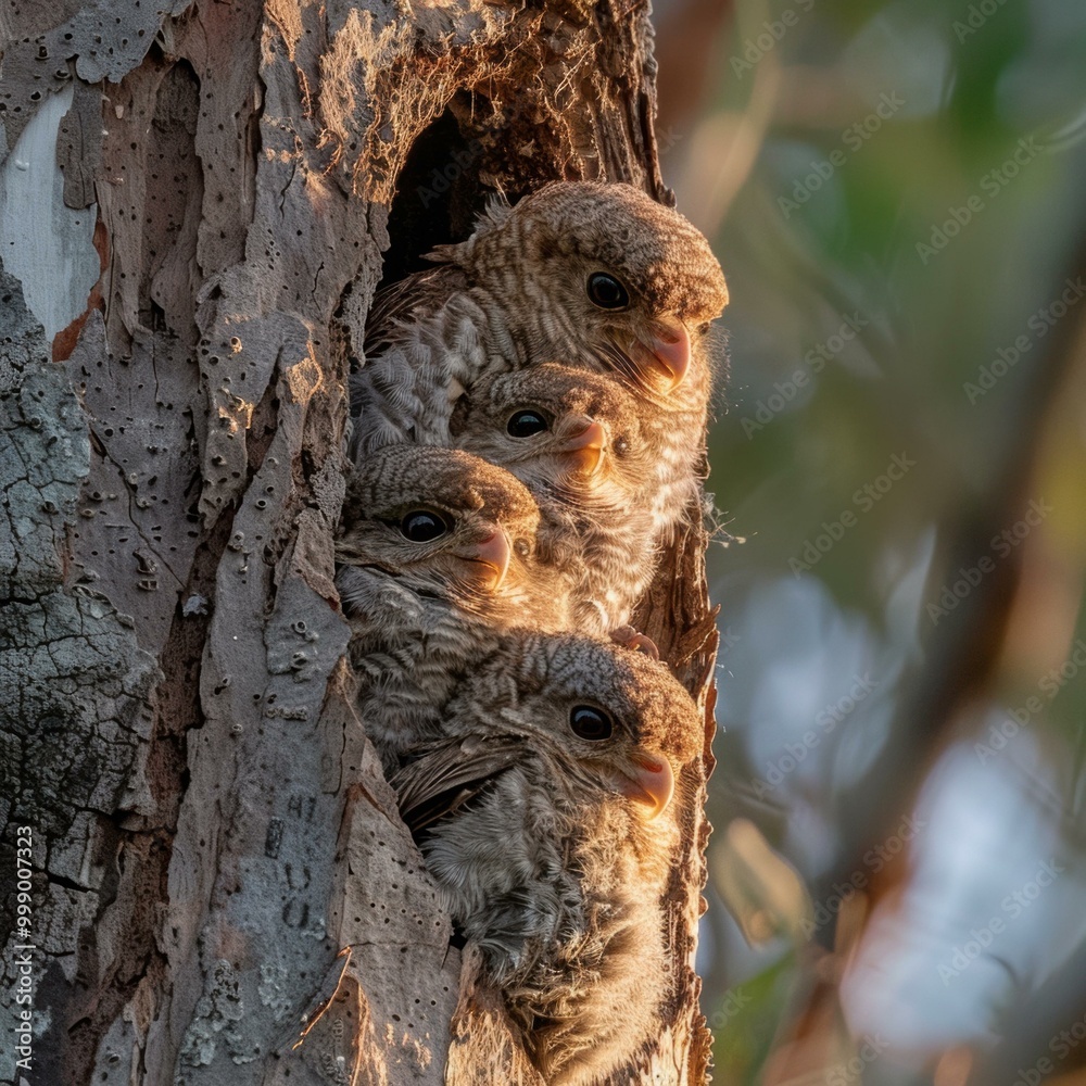 A group of small birds huddle together in a tree cavity. AI. A group of small birds huddle together in a tree cavity. AI.