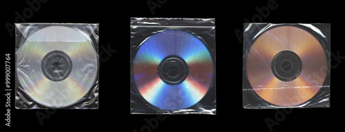 set of CD disc plastic bag with compact disk in black background, y2k style