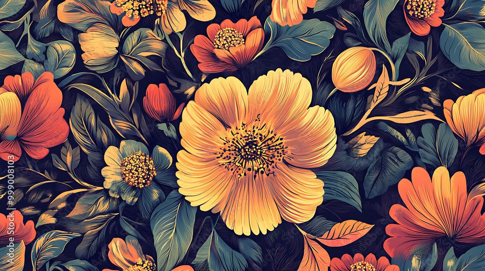 A vibrant floral pattern with large flowers in shades of orange, red, and yellow. A vibrant floral pattern with large flowers in shades of orange, red, and yellow.