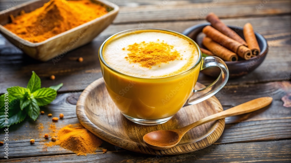 Healthful Turmeric Latte with Coconut Milk and Spices on a Rustic Wooden Table Healthful Turmeric Latte with Coconut Milk and Spices on a Rustic Wooden Table