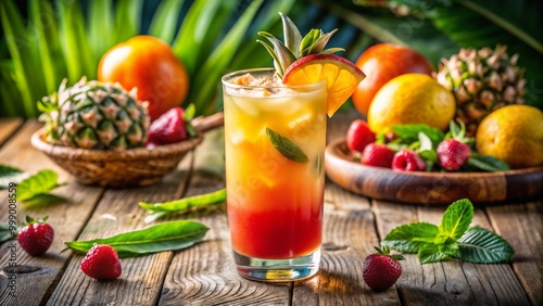 Refreshing Tropical Punch with Fruits and Mint Garnish on a Wooden Table Surrounded by Fresh Produce