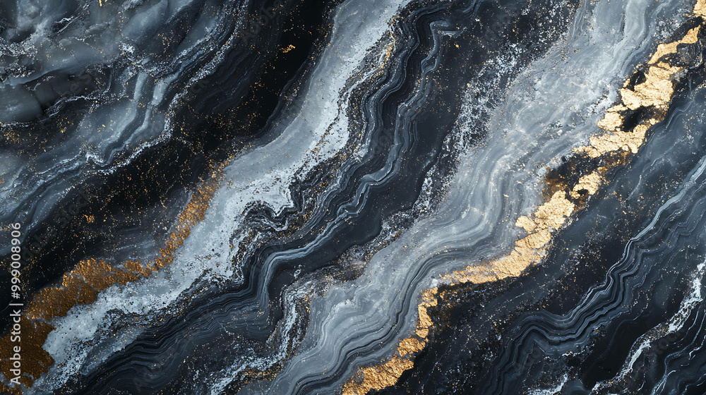 Closeup of black and white marbled stone with gold accents. Closeup of black and white marbled stone with gold accents.