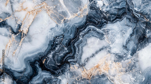 Abstract blue and white marble texture with gold veins.
