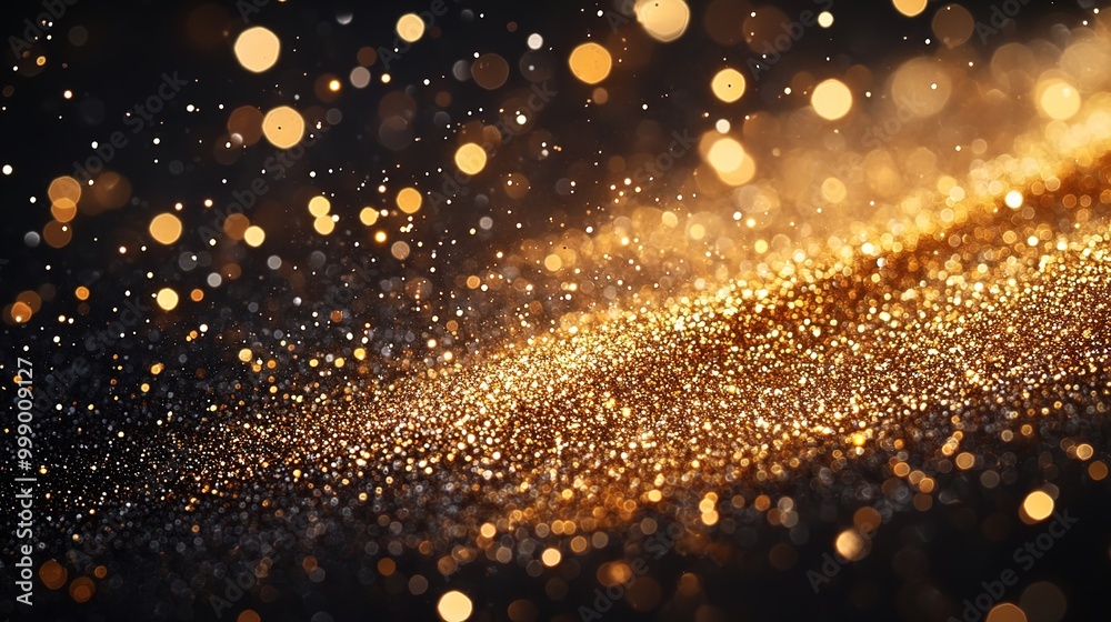 Gold glitter dust. Sparkling shining particles on a black background. Glows confetti shimmering texture Gold glitter dust. Sparkling shining particles on a black background. Glows confetti shimmering texture