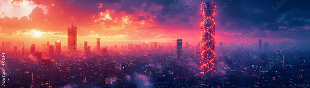 Fototapeta premium Glowing Vein-Like Pathways in Abstract Bionic Tower Blend with Futuristic City Skyline