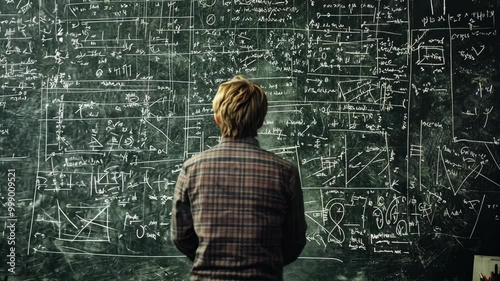 A person stands in front of a chalkboard covered in complex mathematical equations, seemingly lost in thought