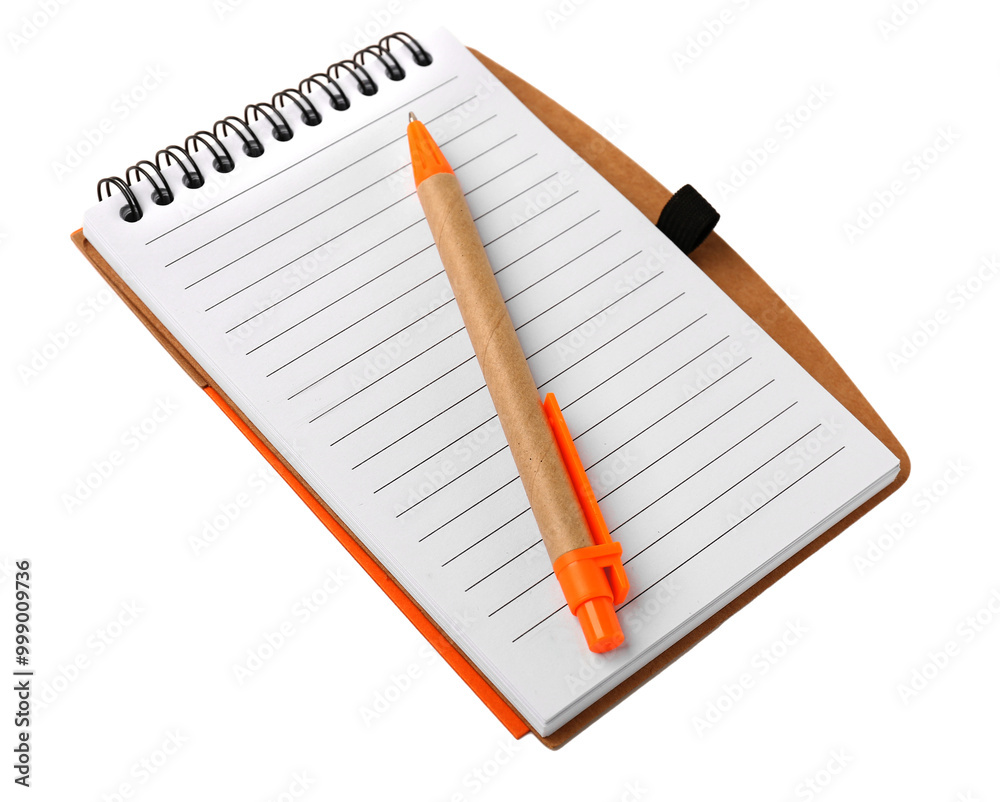 Open notebook with pen on white background Open notebook with pen on white background
