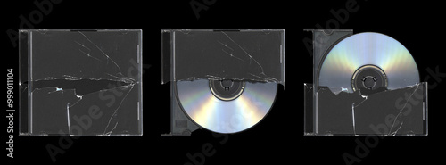 Obraz na plátně set of three cracked mockup of old music CD disc jewel case with black cover lay