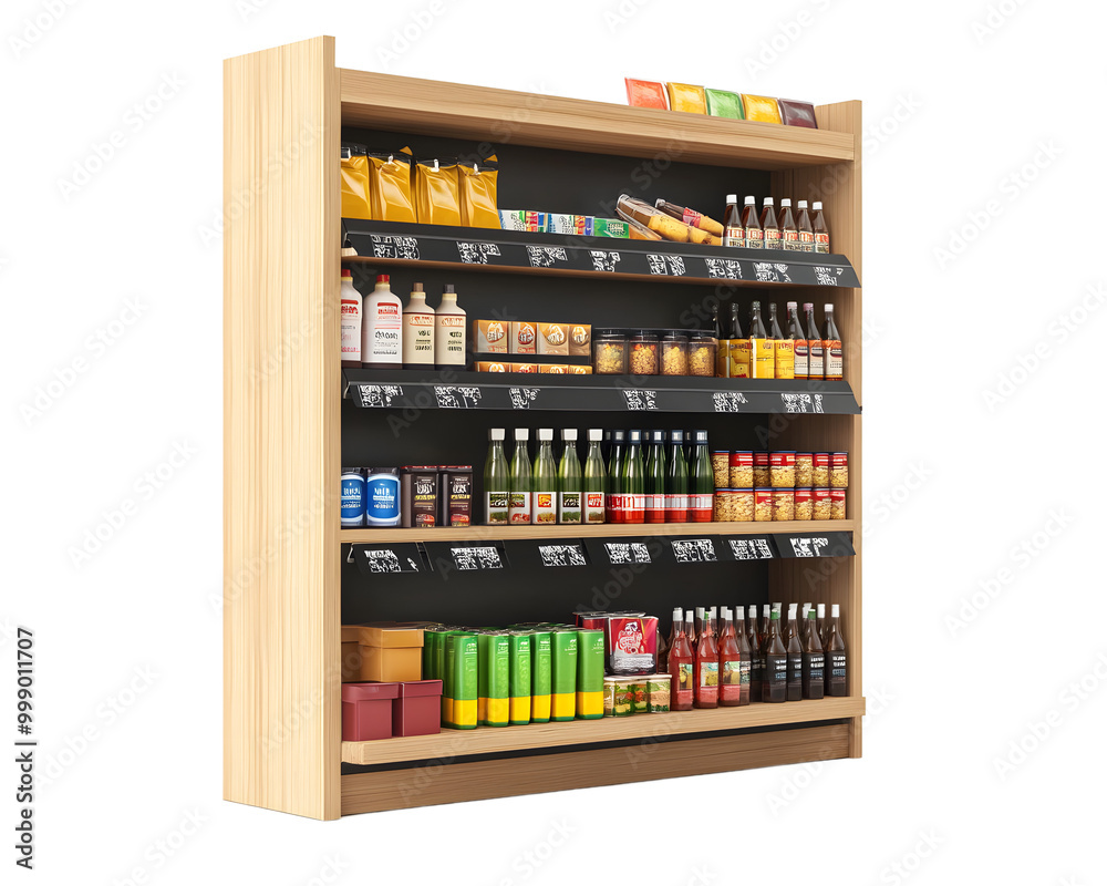 A well-organized retail shelf displaying a variety of beverages and snacks, ideal for convenience stores. A well-organized retail shelf displaying a variety of beverages and snacks, ideal for convenience stores.
