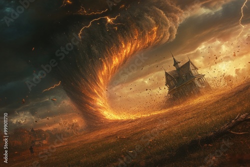 illustration of A scene of the twister carrying Dorothy's house through the sky, with swirling debris and lightning 