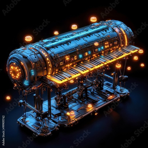 Luminescent Marimba: Abstract Retro-Futuristic Instrument with Floating Keys and Metallic Frame