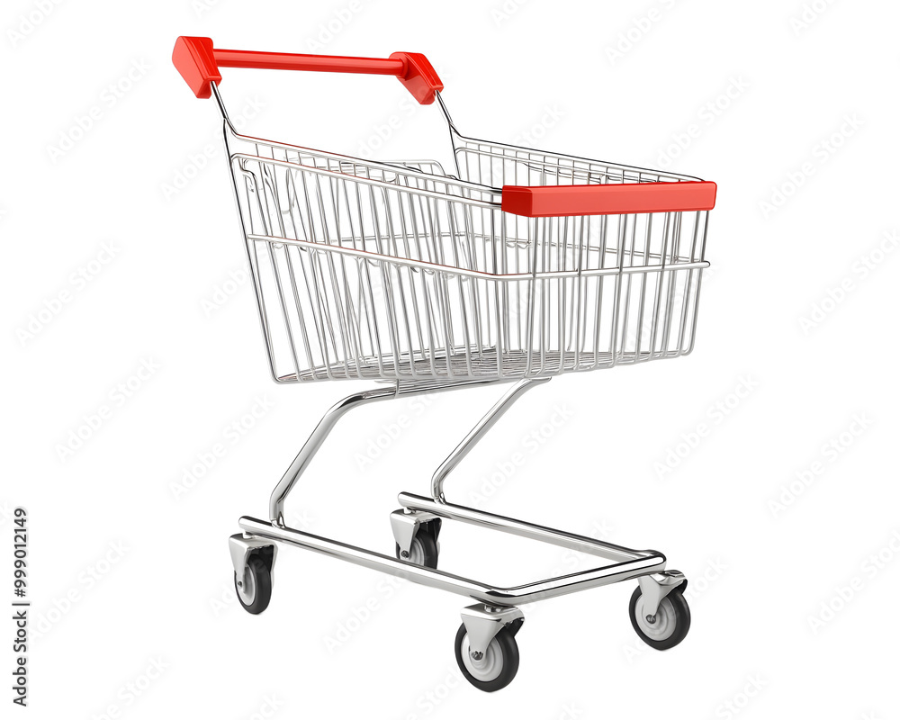 A modern shopping cart with red handles, ideal for retail, grocery stores, and e-commerce visuals. A modern shopping cart with red handles, ideal for retail, grocery stores, and e-commerce visuals.