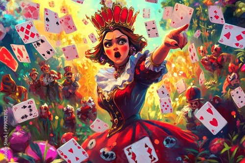 illustration of The Queen of Hearts angrily pointing while surrounded by her playing card soldiers in a vibrant garden. --ar 3:2 --v 6.1 Job ID: 46a87a65-8dc5-49d2-a987-69398e31f05e