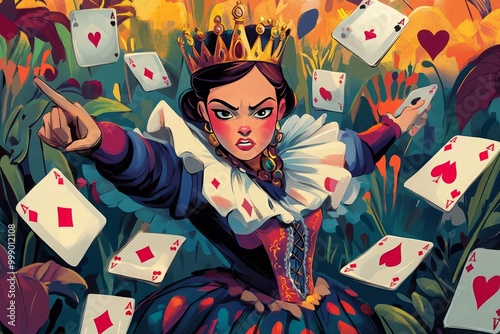 illustration of The Queen of Hearts angrily pointing while surrounded by her playing card soldiers in a vibrant garden. 